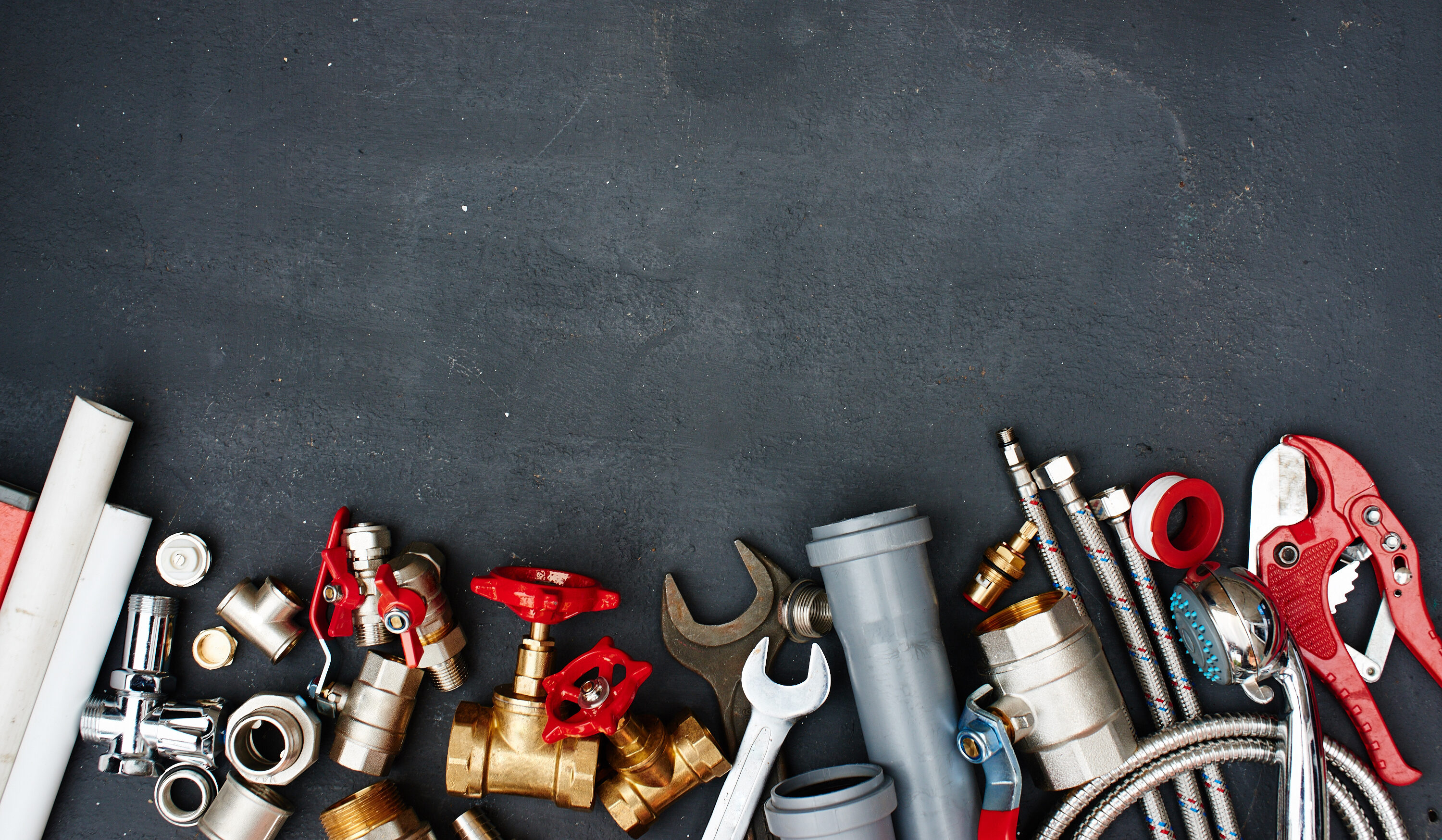 Top view of the plumbing equipment on a black background